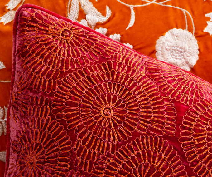 Pink silk velvet cushion hand embroidered 60mm x 40mm