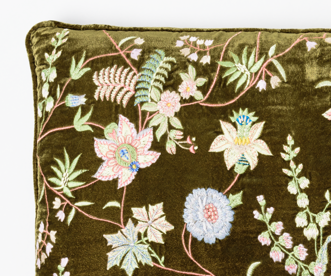 Madame Bovary cushion detail - olive green velvet cushion with embroidered flowers 40cm x 30cm